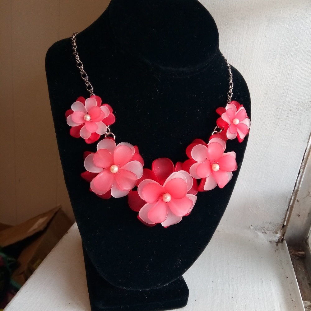 Pink Flower Necklace Resin Silver Chain
